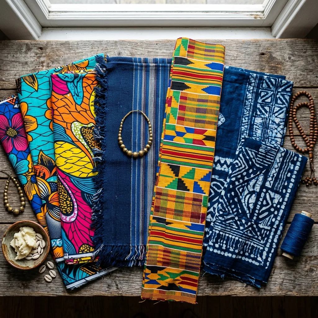 A vibrant editorial arrangement of authentic African fabrics including Ankara, Kente, Aso-oke, and Adire.