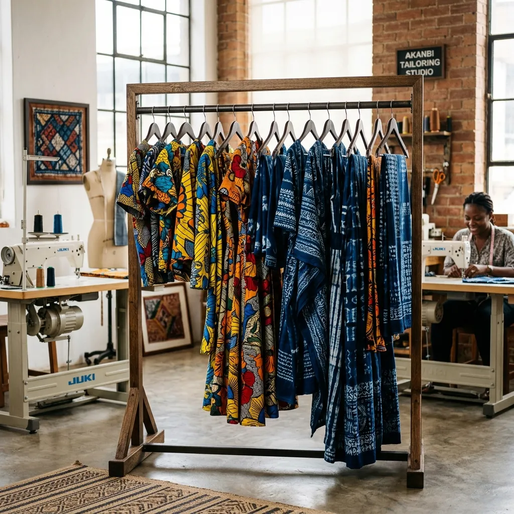 Ankara and Adire pieces hanging in the atelier