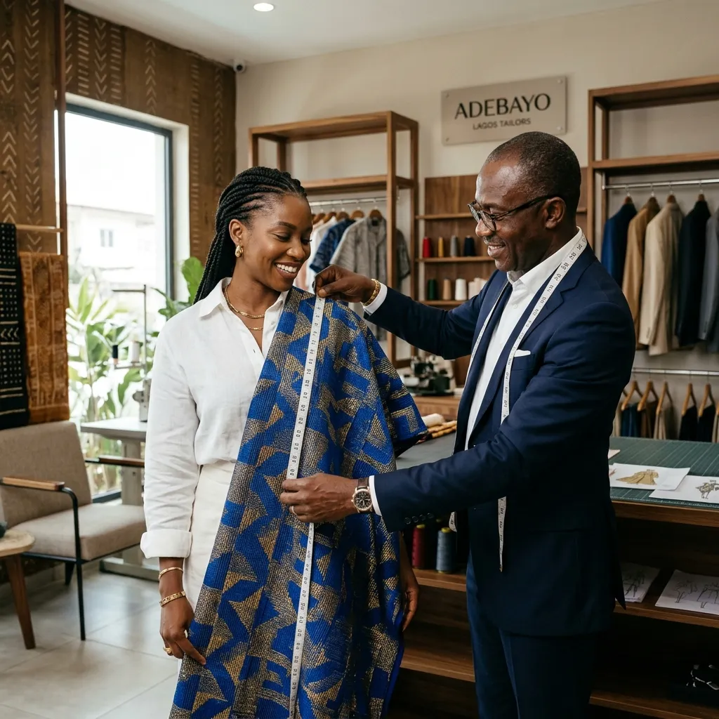 A tailor measuring a length of Aso-oke against a customer in a Lagos atelier