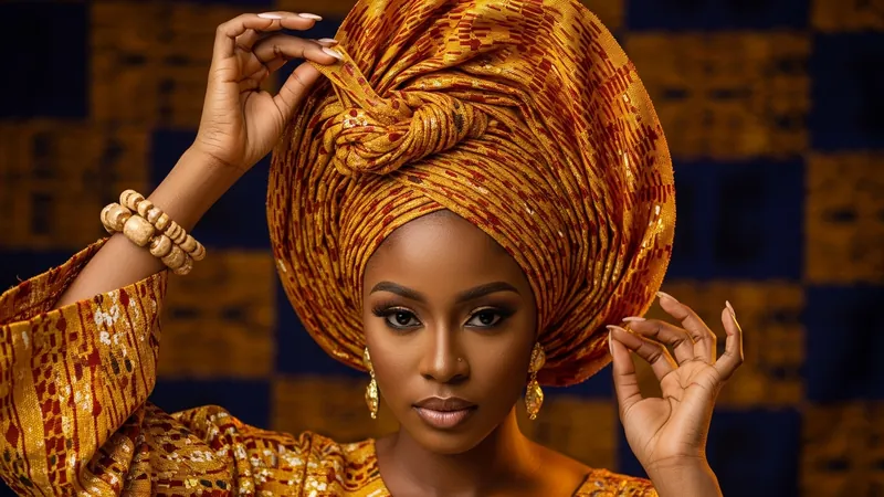 An elegantly dressed woman wearing a perfectly tied coral and gold Aso-oke gele at a Nigerian celebration