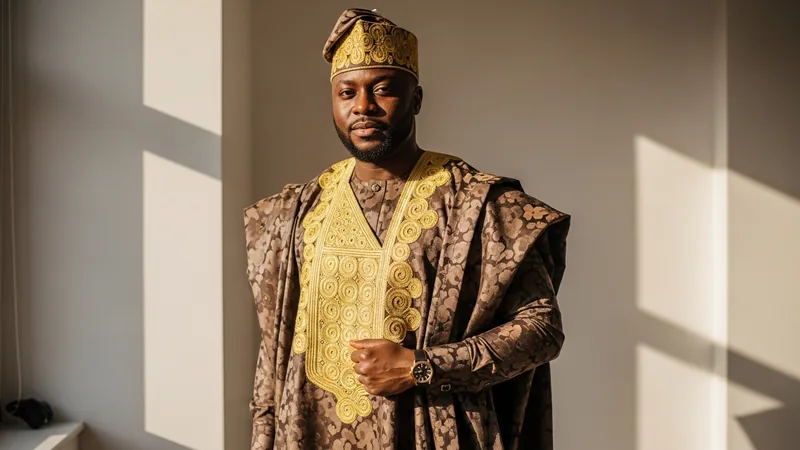 Confident African man in a tailored embroidered agbada and matching fila cap