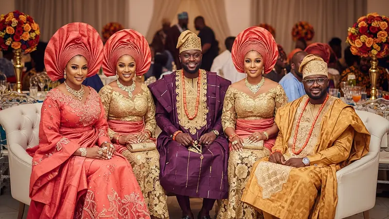 Elegantly dressed guests in vibrant Aso-oke and Ankara outfits celebrating at a Nigerian owambe party