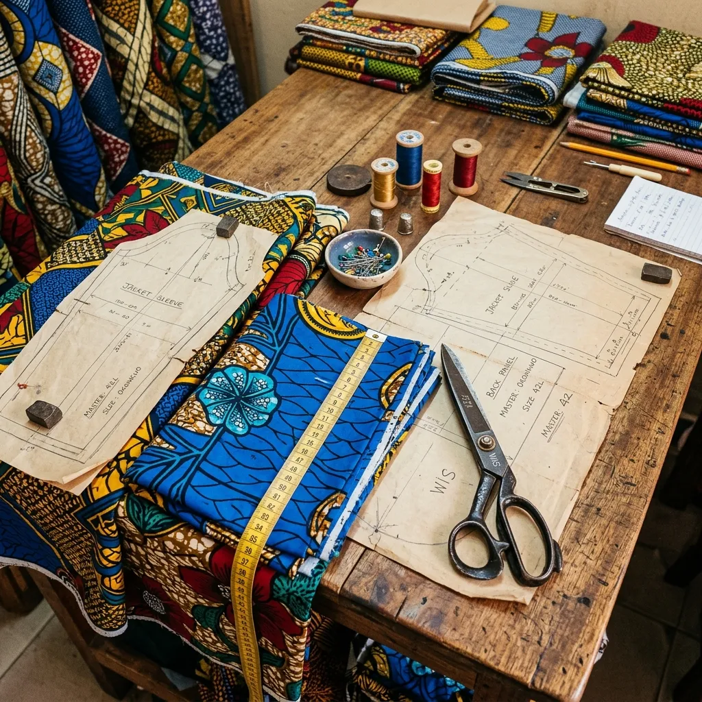 A master tailor drafting a pattern and taking precise measurements for a custom outfit