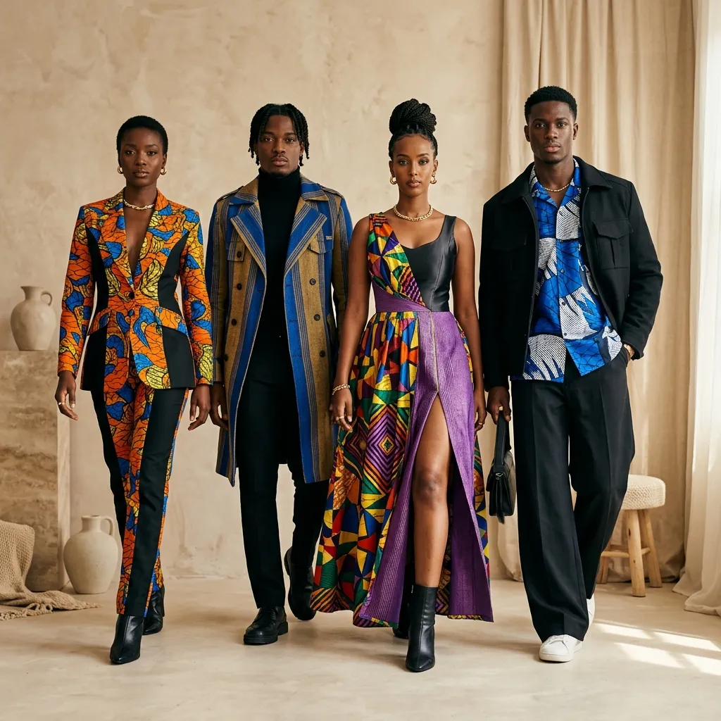 A diverse group of models showcasing modern African fashion, featuring vibrant prints and structural silhouettes in a studio setting