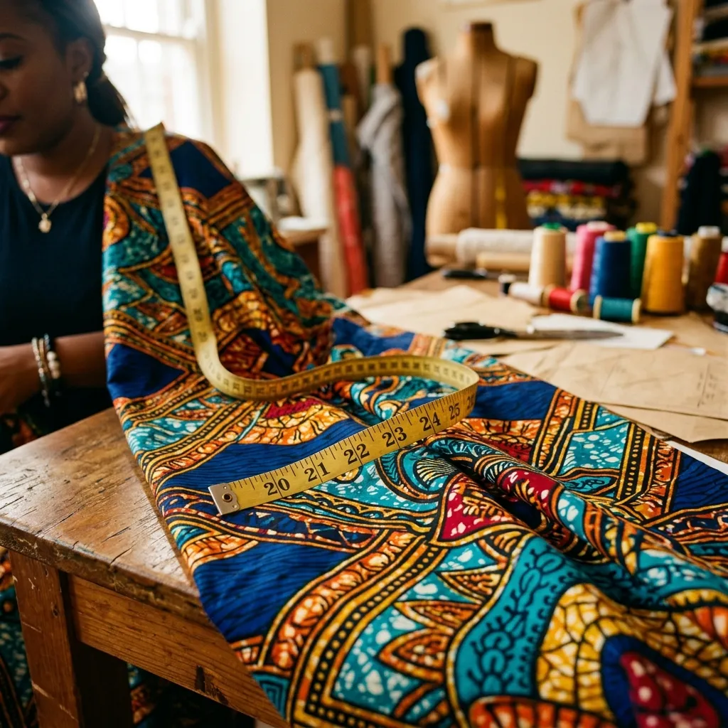 A tailor’s measuring tape encircling a mannequin wearing vibrant African fabric