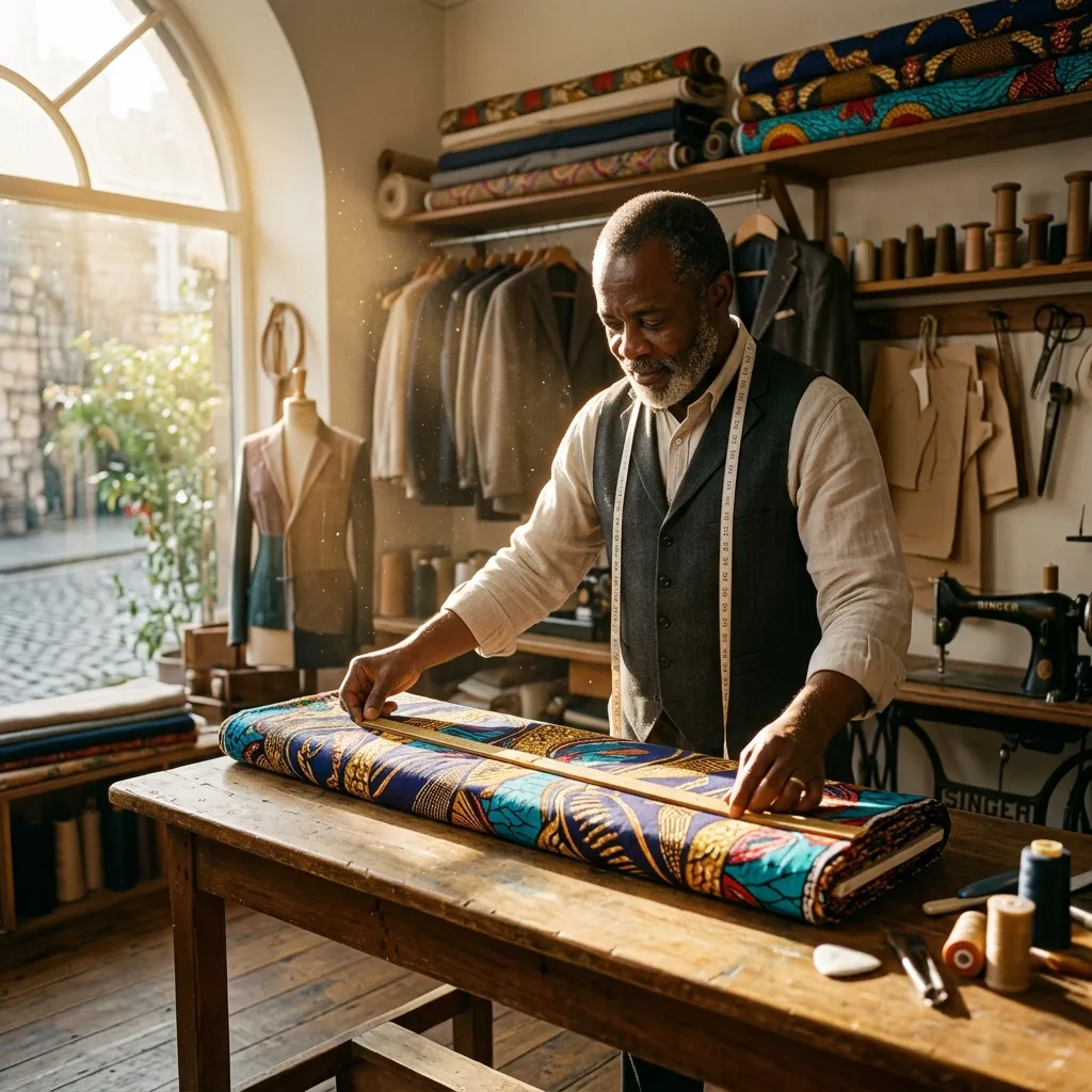 A master tailor measuring a bolt of fabric in a sunlit atelier